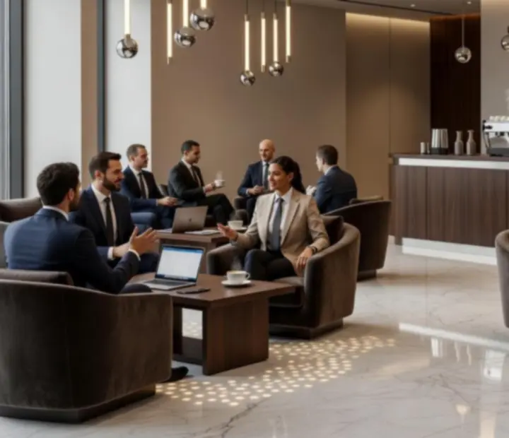 Business lounge és elegáns kávézó üveg- és márványfelületekkel
