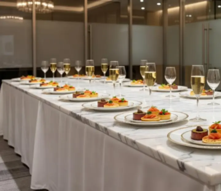 Elegánsan megterített asztal exkluzív catering fogásokkal üzleti eseményen