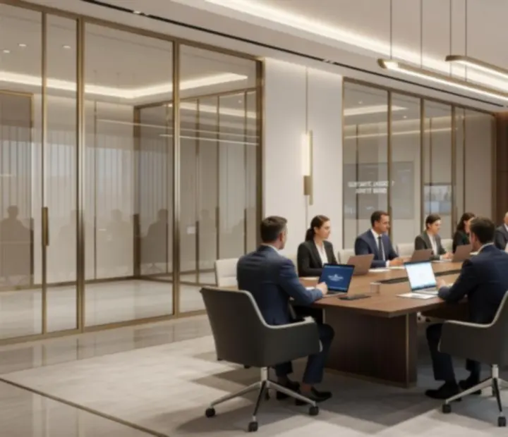 Luxus konferenciaterem modern színpaddal, LED-falakkal és elegáns nézőtérrel a VeriSpace-ben.