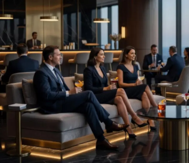 Business networking est elegáns lounge térben, állófogadással és bárpulttal.