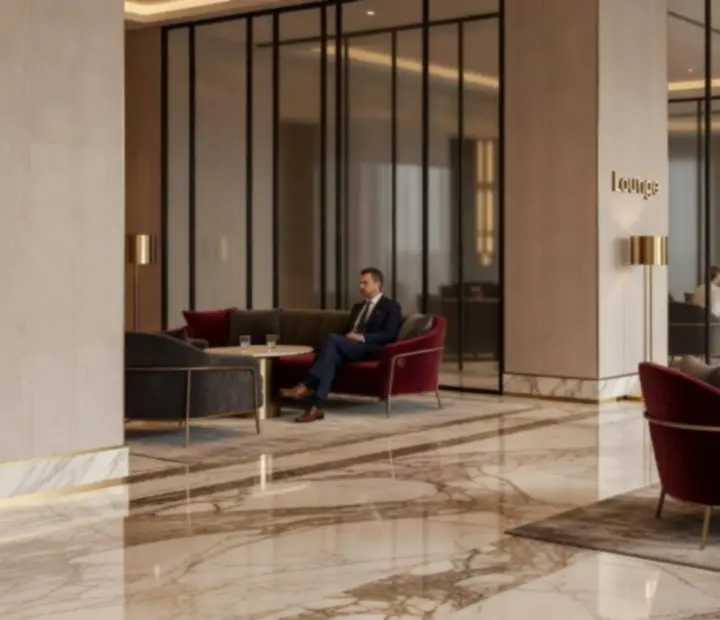 Elegáns, üveg- és márványfelületekkel kialakított prémium lounge recepció a VeriSpace konferenciaközpontban